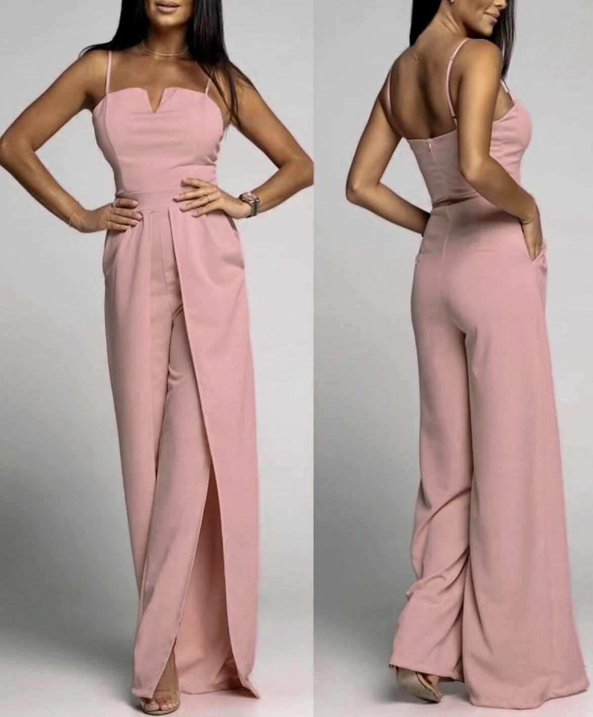 Women's Strapless Slim Fit Jumpsuit – Elegant Wide Leg Design with Front Slit Pink