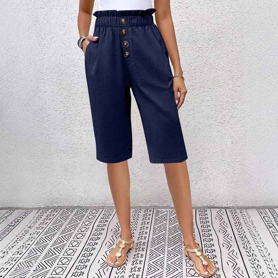 Women's High Waist Paperbag Shorts – Relaxed Fit – Breathable Fabric Navy