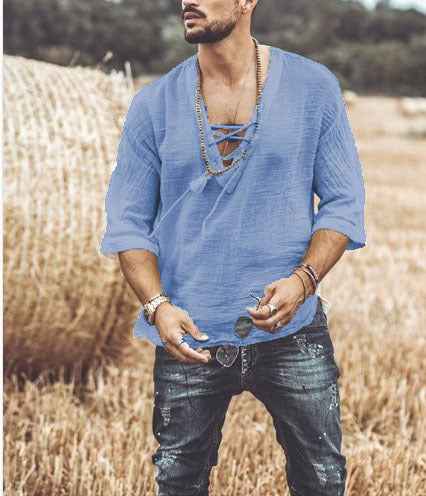 Men's Relaxed Fit Shirt – Breathable V-Neck with Lace-Up Grey