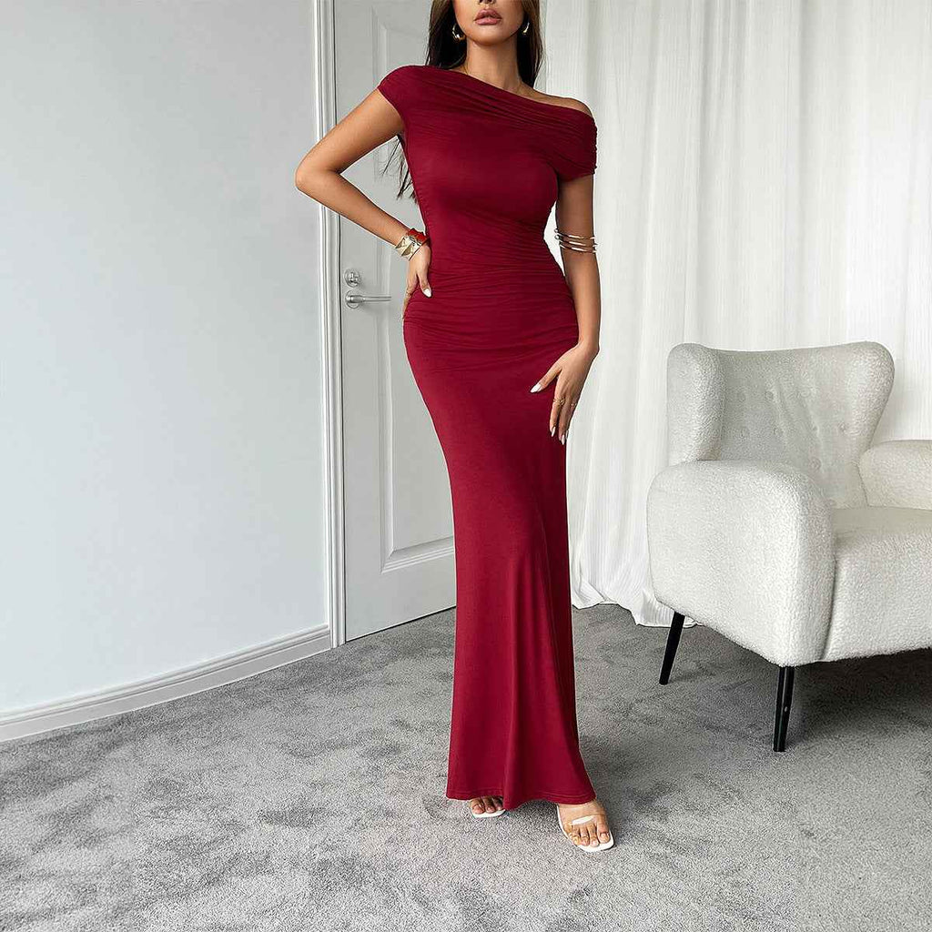 Women's Off-Shoulder Bodycon Maxi Dress with Ruched Waist Claret