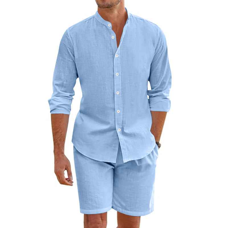 Men's Relaxed Fit Linen Blend Button-Up Shirt and Shorts Set Sky Blue