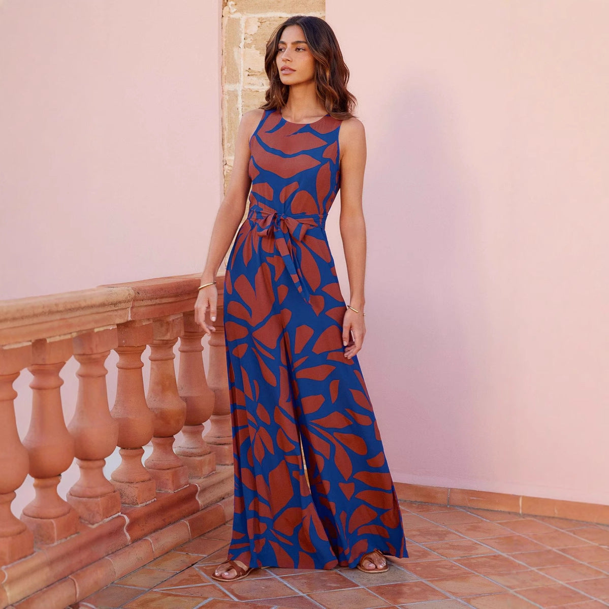Women's Sleeveless Wide-Leg Jumpsuit - Breathable Fabric with Abstract Print & Waist Belt Blue Brown
