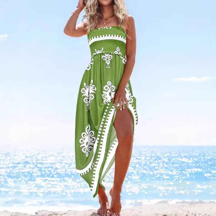 Women's Strapless Midi Dress – Smock Top with Flowing Skirt and Split – Printed Design Green