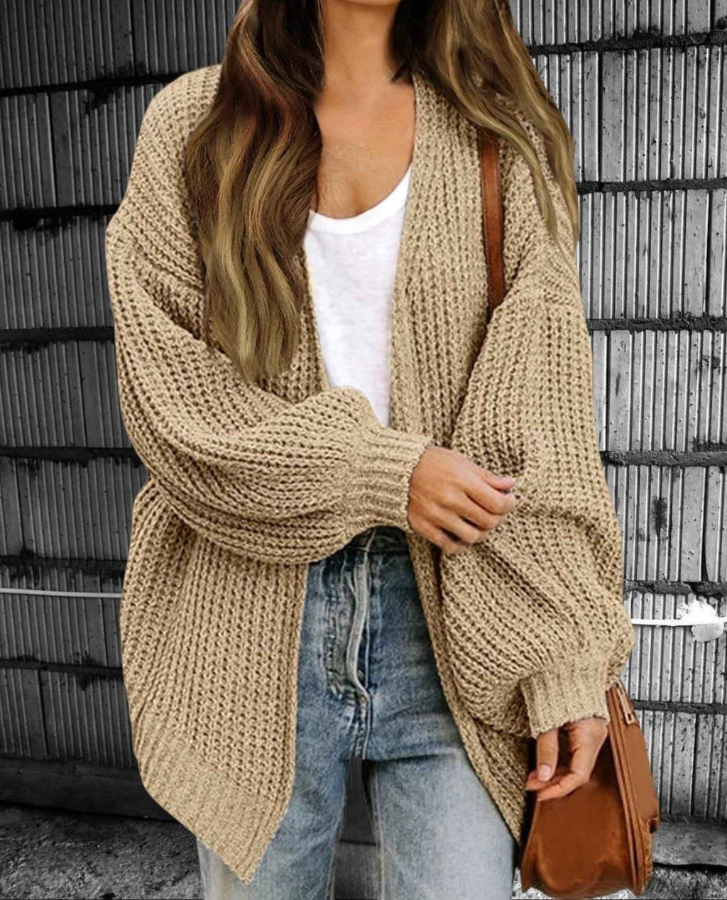 Women's Oversized Chunky Knit Cardigan – Open Front Long Layered Style Khaki
