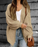 Women's Oversized Chunky Knit Cardigan – Open Front Long Layered Style Khaki