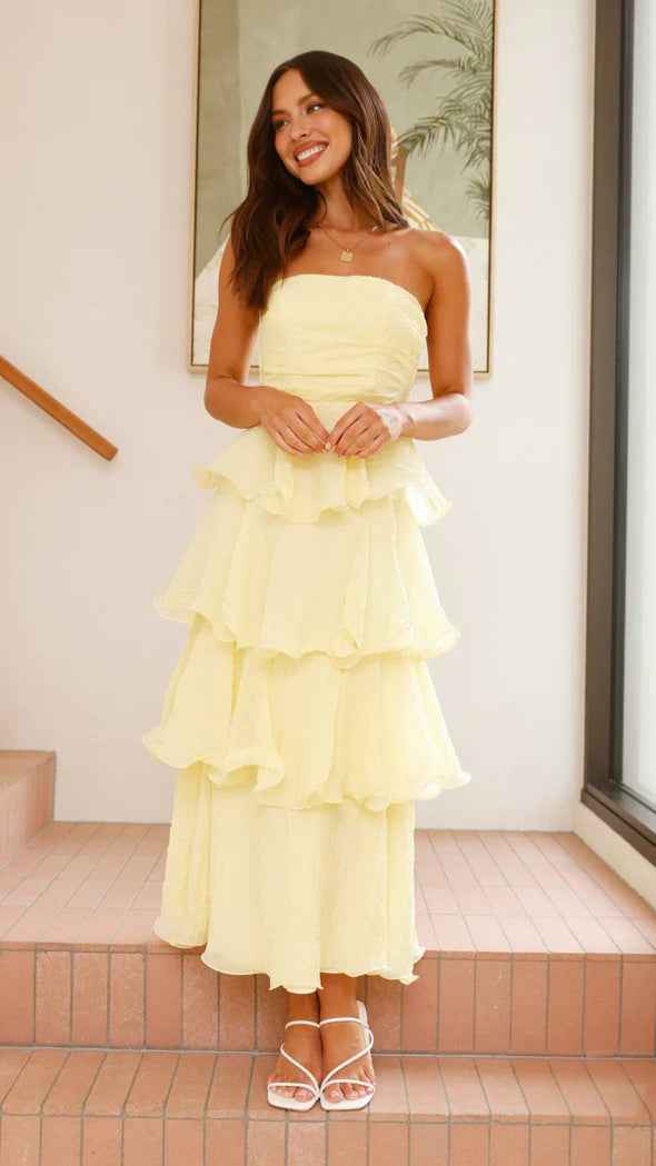 Women's Midi A-Line Strapless Dress with Fitted Bodice and Airy Ruffle Tiers