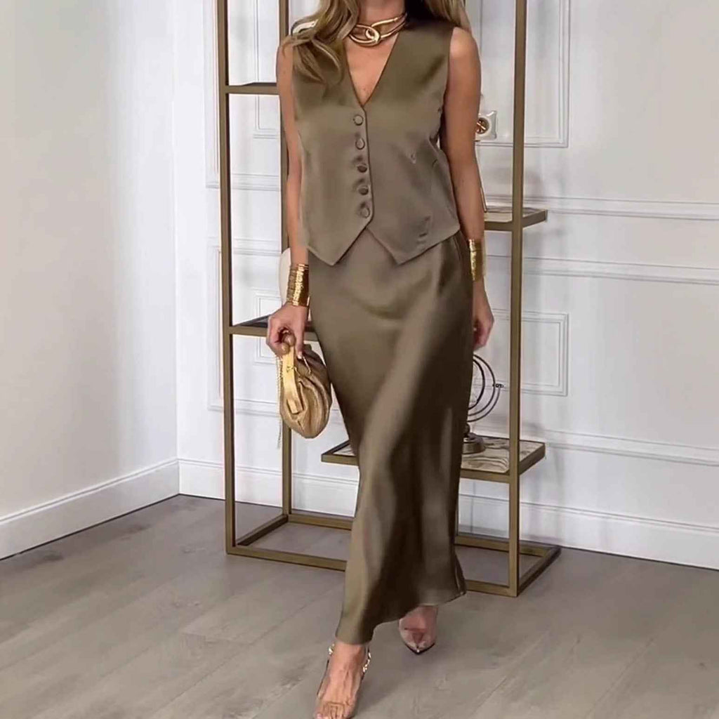 Women's Elegant Satin Look Sleeveless Gilet and Midi Skirt Set - Slim Fit for Festive Occasions