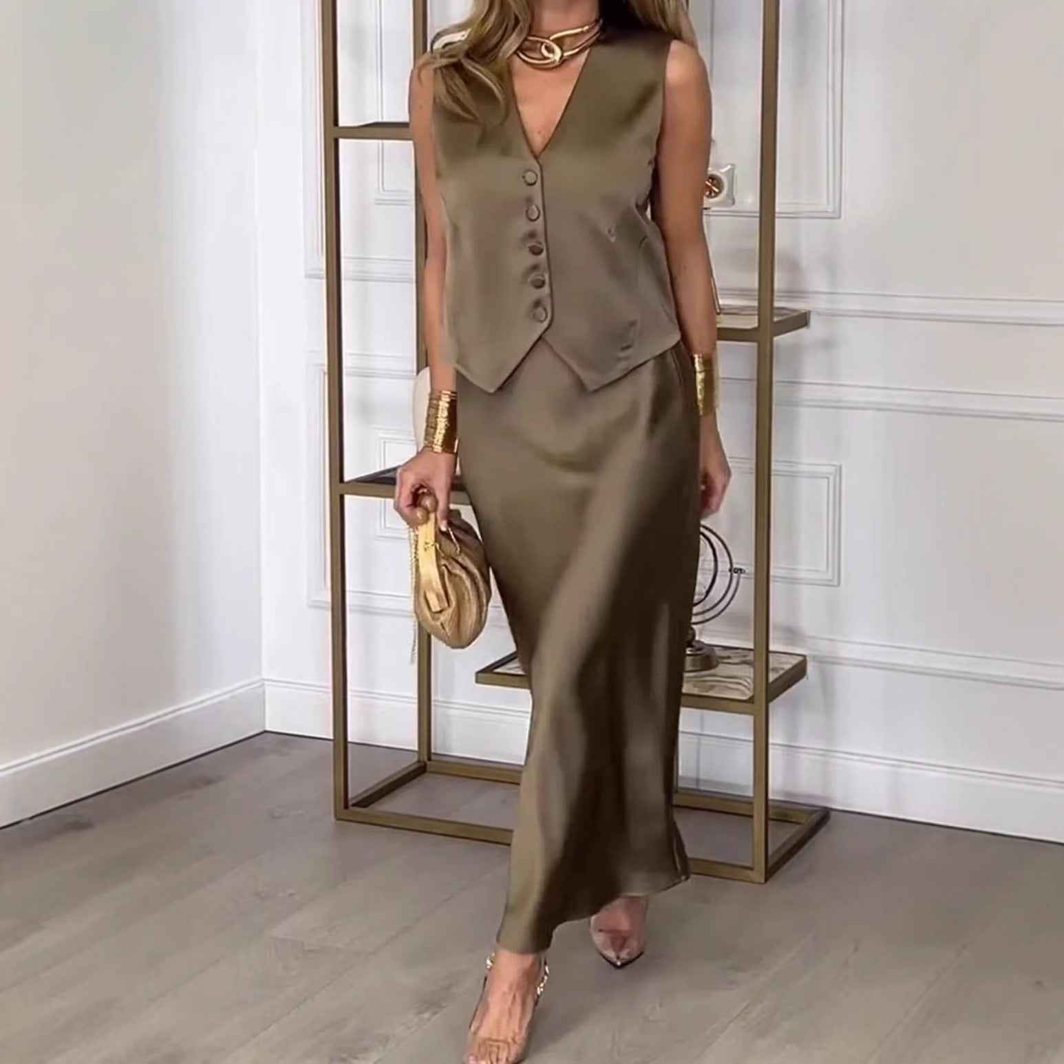 Women's Elegant Satin Look Sleeveless Gilet and Midi Skirt Set - Slim Fit for Festive Occasions