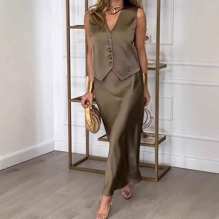 Women's Elegant Satin Look Sleeveless Gilet and Midi Skirt Set - Slim Fit for Festive Occasions