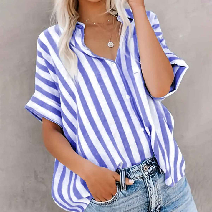 Women's Short Sleeve Striped Cotton Blouse – Relaxed Fit with Button Closure Denim Blue