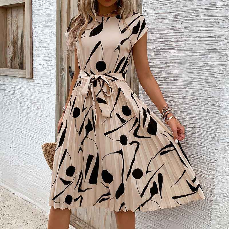 Women's Pleated Fit and Flare Midi Dress – Geometric Print – Short Sleeve with Belt Apricot