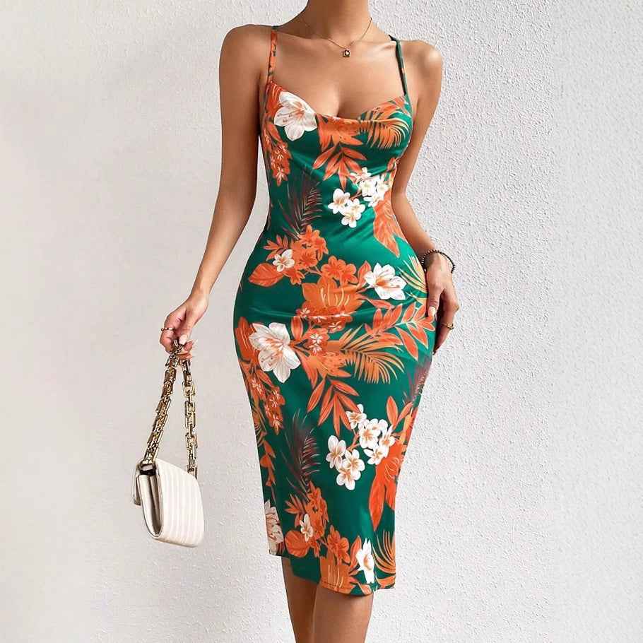 Women's Floral Print Midi Dress – Fitted with Spaghetti Straps & Scoop Neck