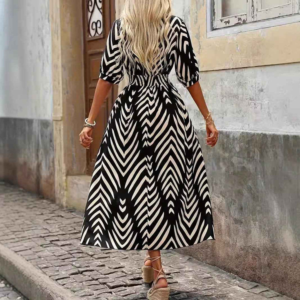 Women's A-line Midi Dress – V-neck Wrap with Pleated Sleeves & Belt