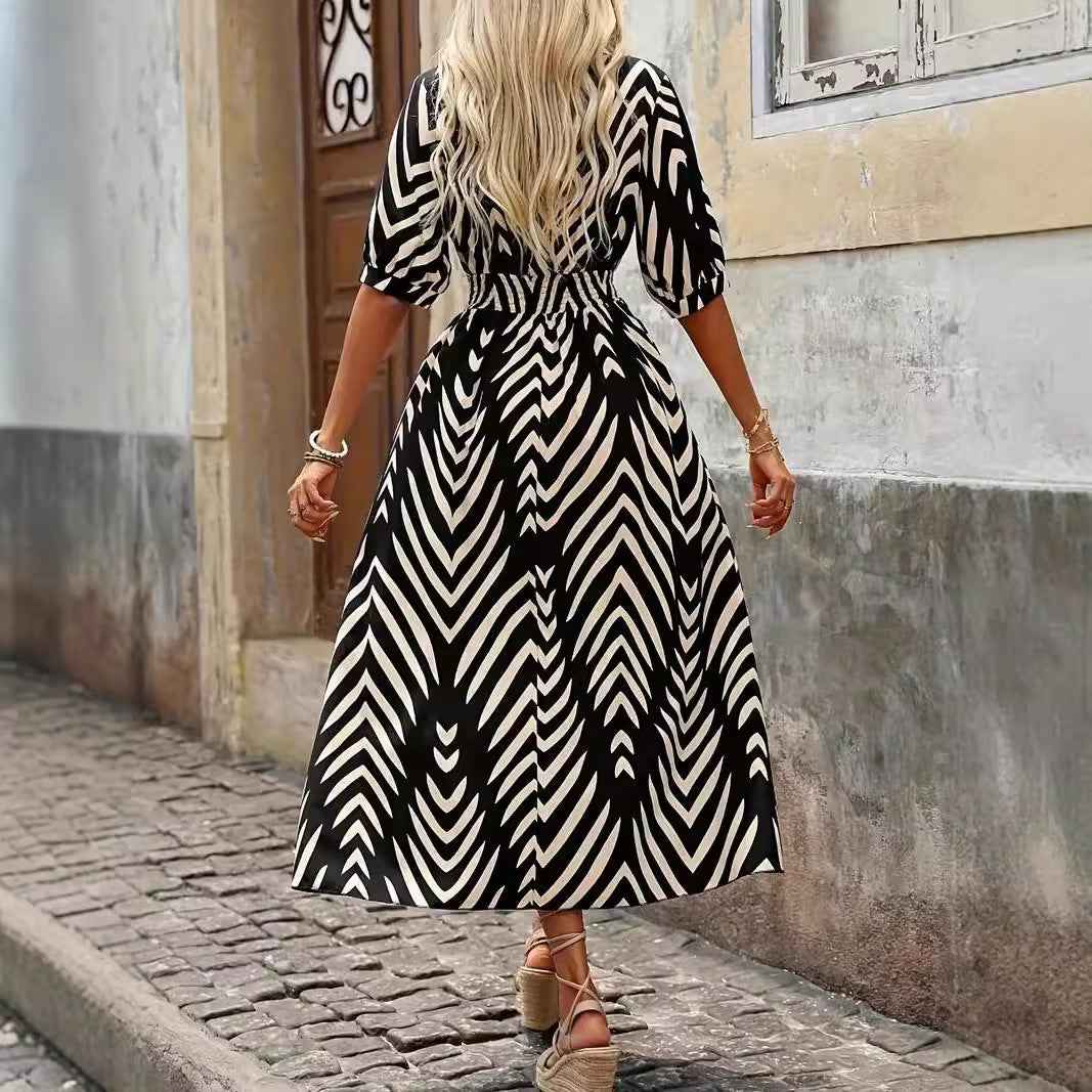 Women's A-line Midi Dress – V-neck Wrap with Pleated Sleeves & Belt