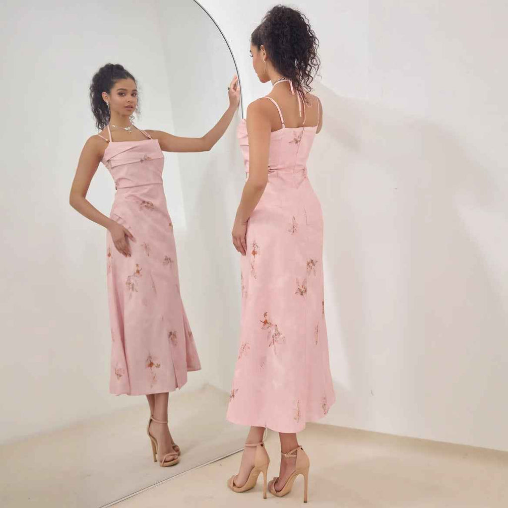 Women's A-Line Midi Dress – Satin Finish – Strappy Floral Design