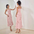 Women's A-Line Midi Dress – Satin Finish – Strappy Floral Design