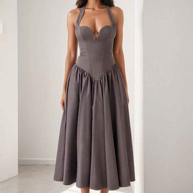 Women's Elegant A-Line Midi Dress – Satin Look Halter Neck with Open Back Grey