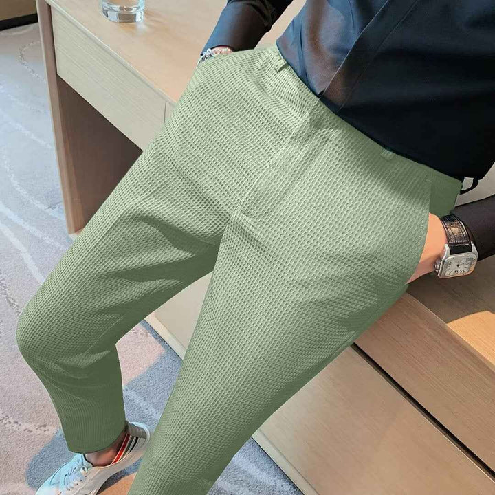 Men's Slim Fit Cropped Trousers – Textured Fabric – Modern Smart Casual Light Green