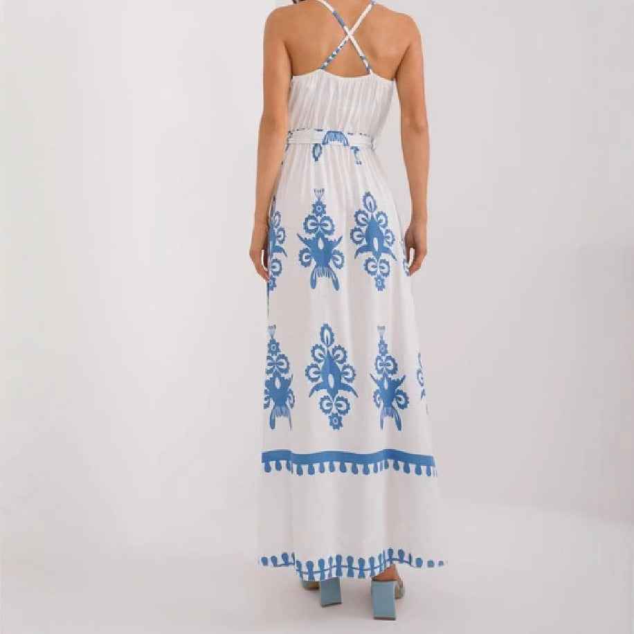 Women's Lightweight Cotton Maxi Dress – V-Neck, Sleeveless, Empire Waist, Printed