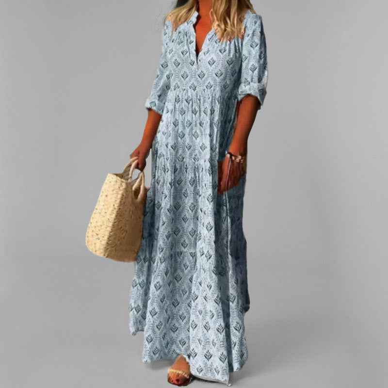 Women's Vintage Print Maxi Dress – Loose Fit Cotton – V-Neck – 3/4 Sleeve