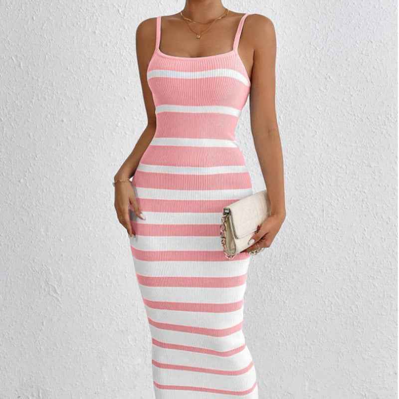 Women's Slim Fit Bodycon Midi Dress – Knitted Stretch Fabric with Spaghetti Straps Pink
