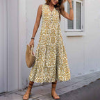 Women's A-Line Midi Dress – V-Neck – Cotton – Front Button Design – Lightweight and Comfortable Yellow