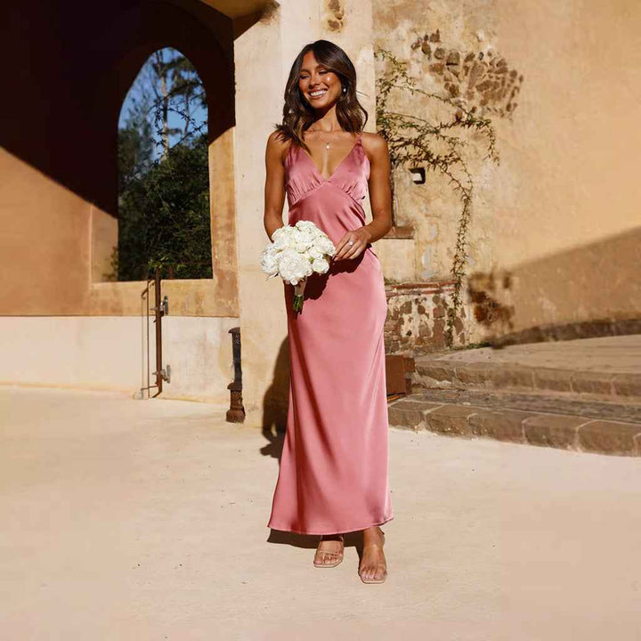 Women's Satin Look Evening Dress – Slim Fit, Sleeveless, Backless, V-Neck with Split