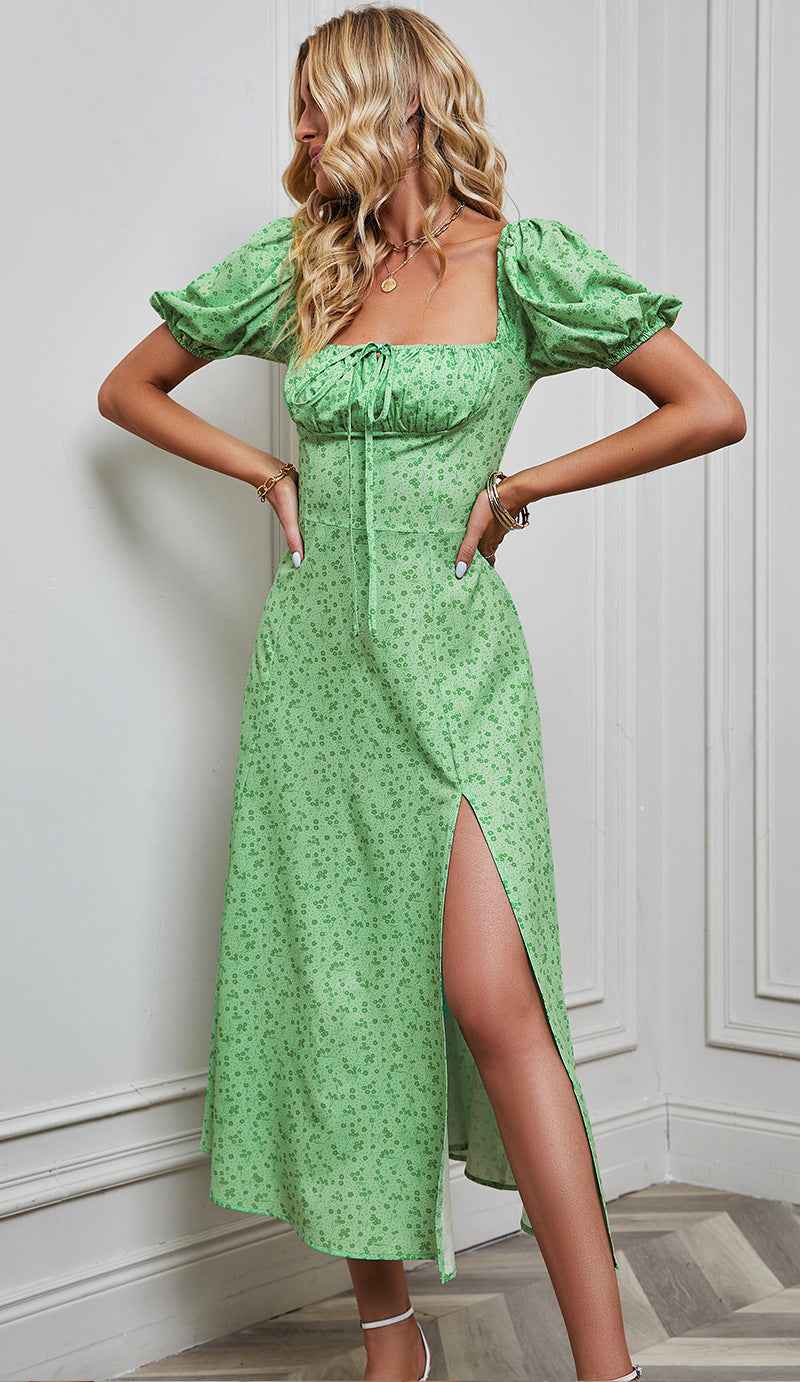 Women's A-Line Midi Dress - Floral Print, Bow Detail, Puff Sleeves, Front Split