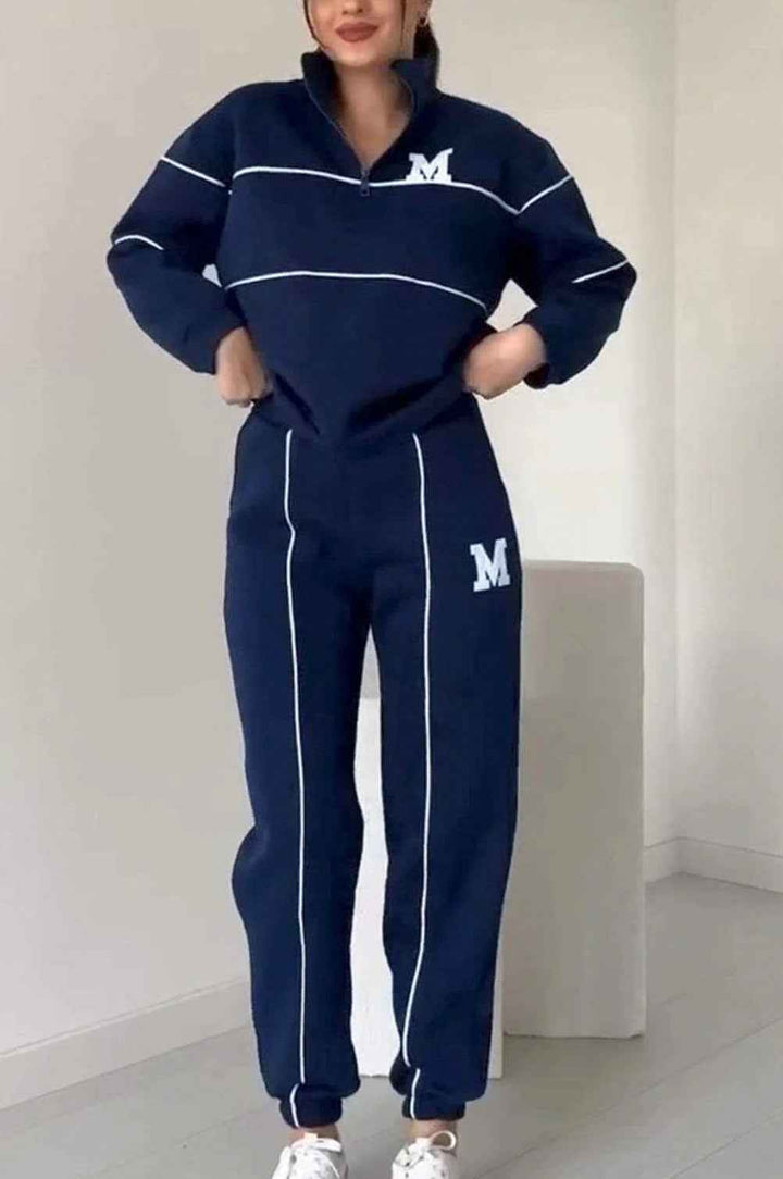 Women's Relaxed Fit Tracksuit – Cotton Blend Half-Zip Top & Elastic Joggers Navy