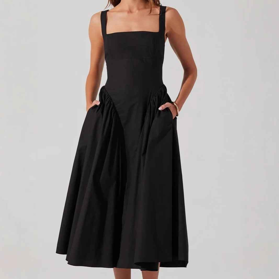 Women's A-Line Midi Dress – Open Back Bow Detail – Square Neck – Lightweight Fabric Black
