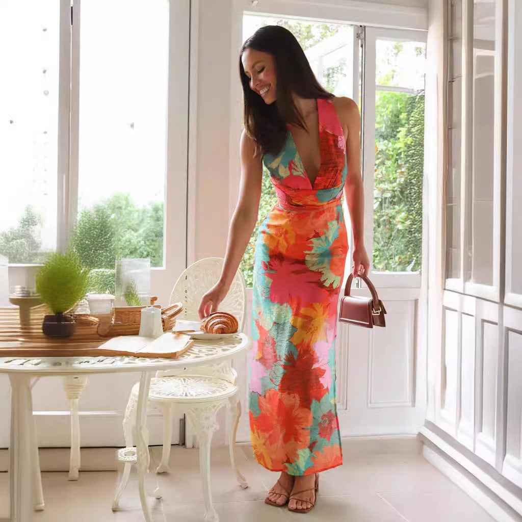 Women's Floral Print Midi Dress – V-Neck with Waist Belt – Lightweight Fit