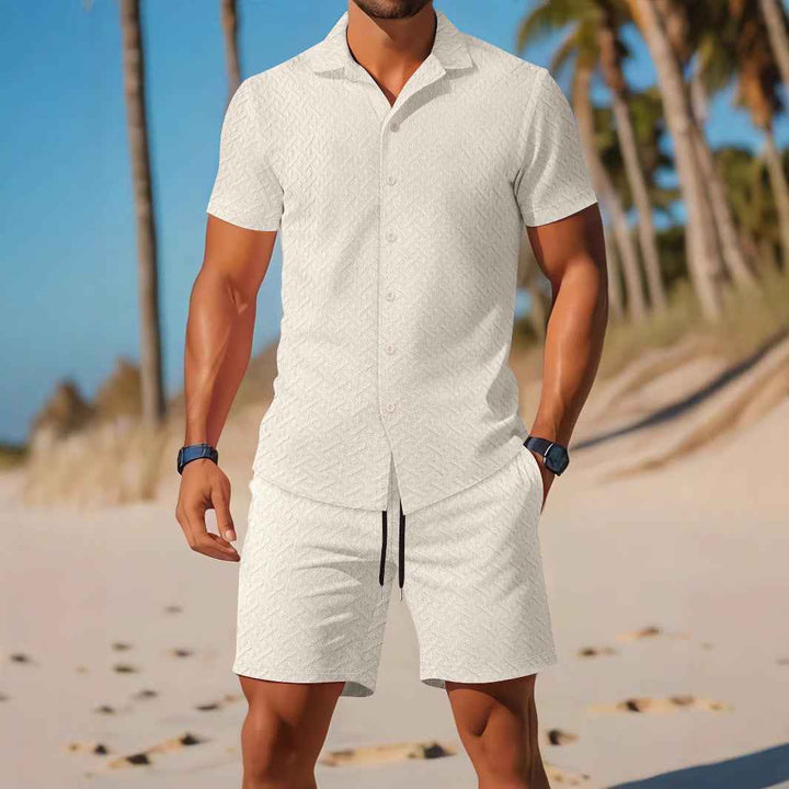 Men's Slim Fit Embossed Shirt and Shorts Set – Breathable Casual Comfort Khaki