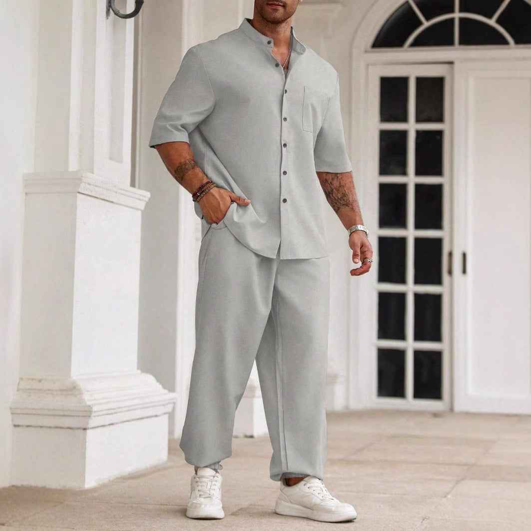 Men's Casual Outfit Set – Breathable Fabric – Relaxed Fit – Short Sleeve & Long Pants Grey