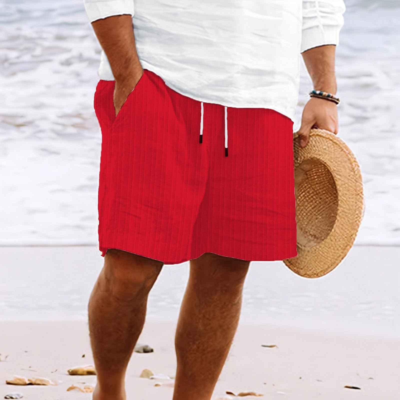 Men's Relaxed Fit Shorts – Breathable Fabric – Drawstring – Multiple Pockets Red