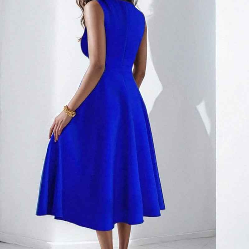 Women's A-line Midi Evening Dress – Sleeveless V-neck – Luxurious Fabric