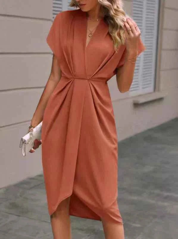 Women's Elegant V-Neck Wrap Dress – Tailored Fit with Short Sleeves Coral