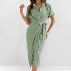 Women's V-Neck Midi Wrap Dress with Waist Tie and Short Sleeves – Airy Fit Green