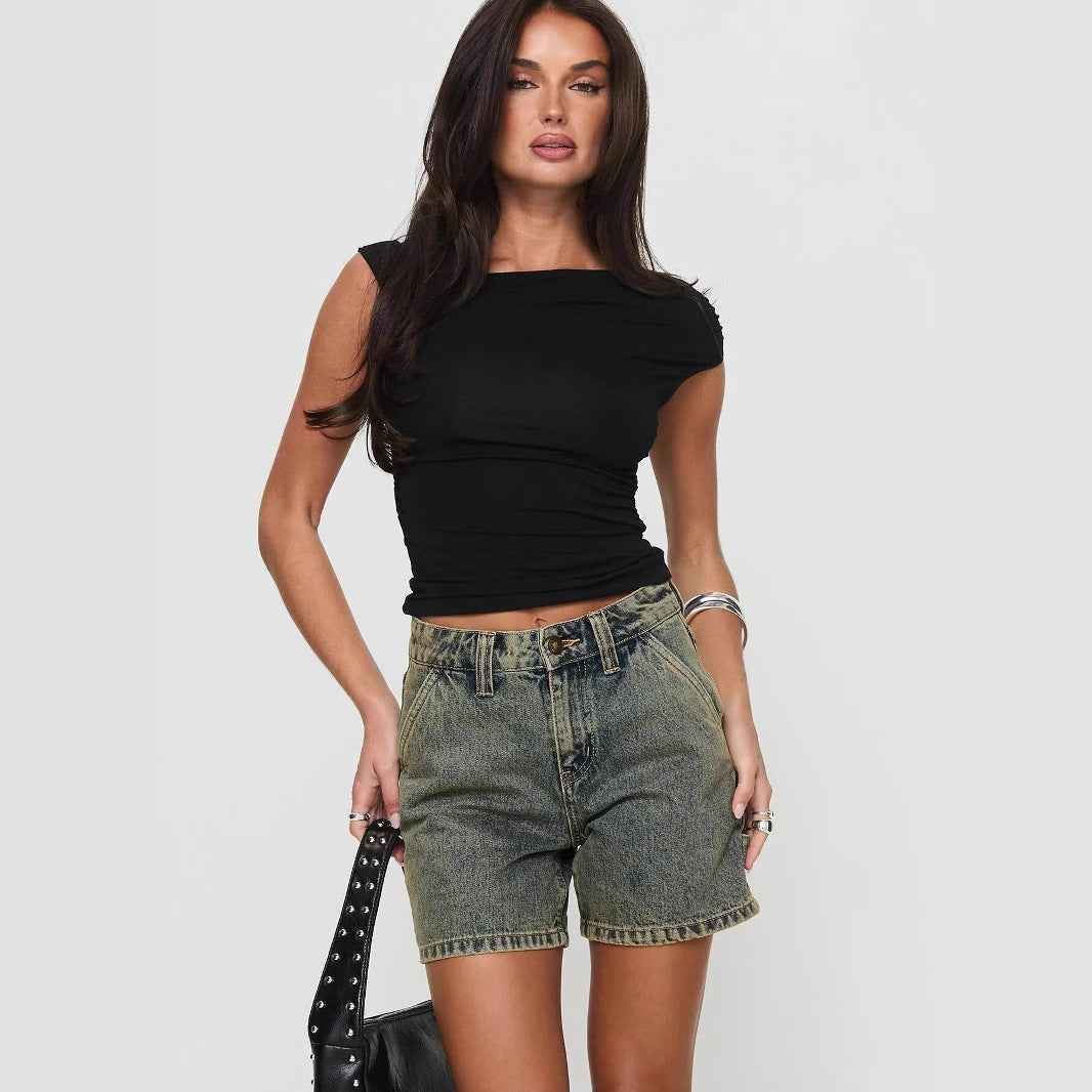 Women's Mid-Rise Relaxed Fit Denim Shorts with Five Pockets – Casual Style