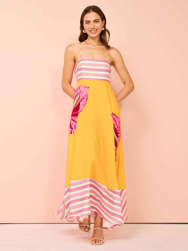 Women's A-Line Midi Dress with Smocked Bodice and Spaghetti Straps – Lightweight Cotton Orange