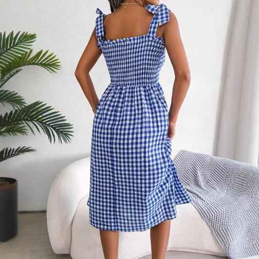 Women's Slim Fit Midi Dress – Checked Print – Smocked Bodice – Tie Strap Shoulders