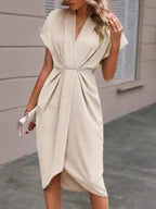 Women's Elegant V-Neck Wrap Dress – Tailored Fit with Short Sleeves Milky