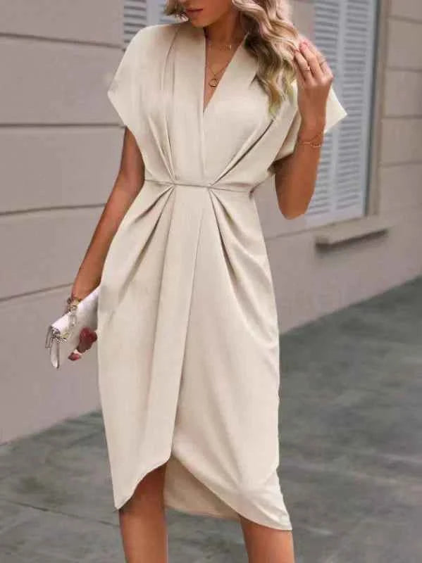 Women's Elegant V-Neck Wrap Dress – Tailored Fit with Short Sleeves Milky