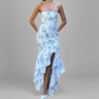 Women's Slim Fit Strapless Dress with Asymmetrical Ruffle Hem – Elegant Eveningwear Light Blue