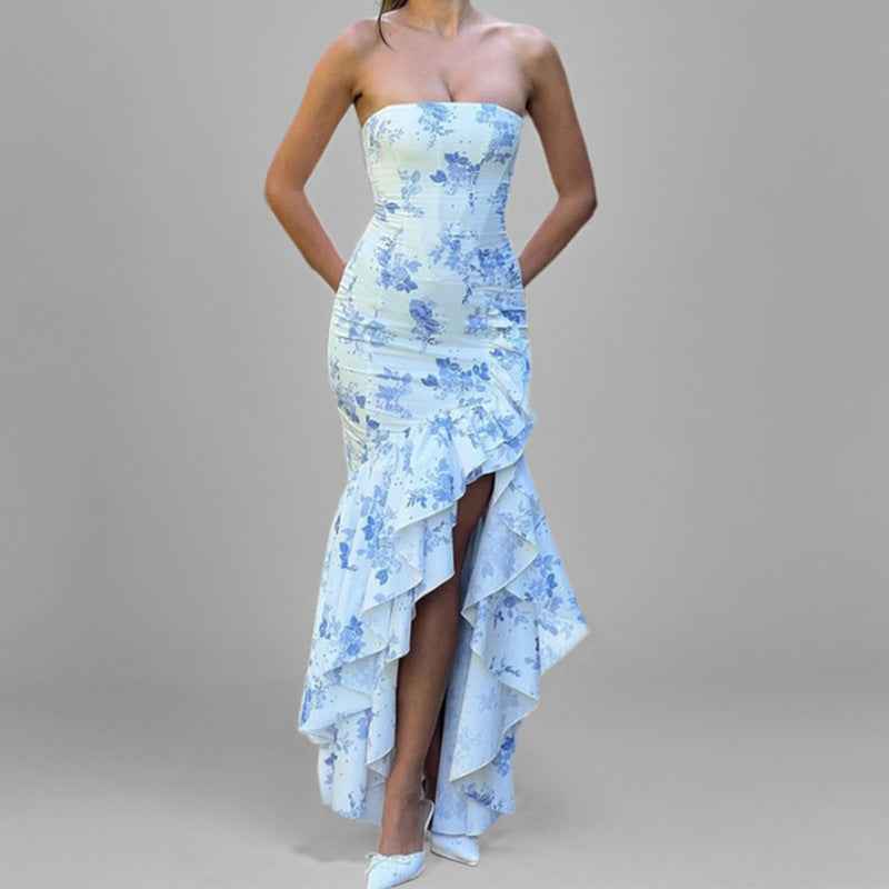 Women's Slim Fit Strapless Dress with Asymmetrical Ruffle Hem – Elegant Eveningwear Light Blue