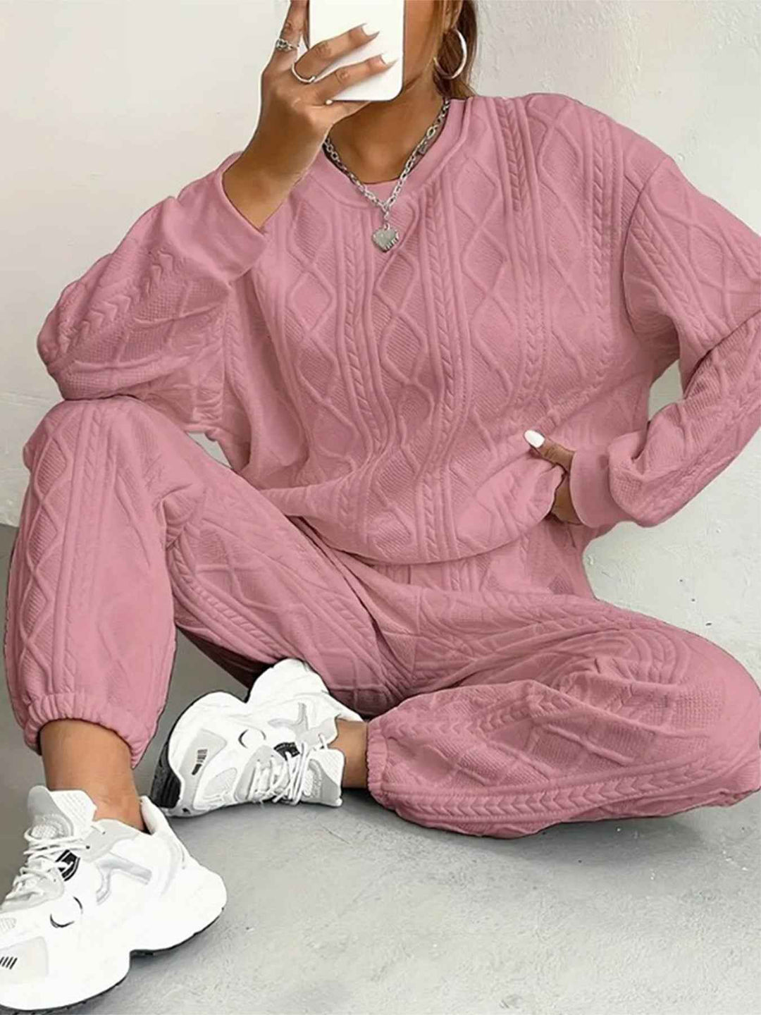 Women's Relaxed Fit Lounge Set – Knitted Cable Design with Long Sleeves & Ribbed Pants Pink