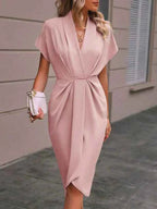 Women's Elegant V-Neck Wrap Dress – Tailored Fit with Short Sleeves Pink