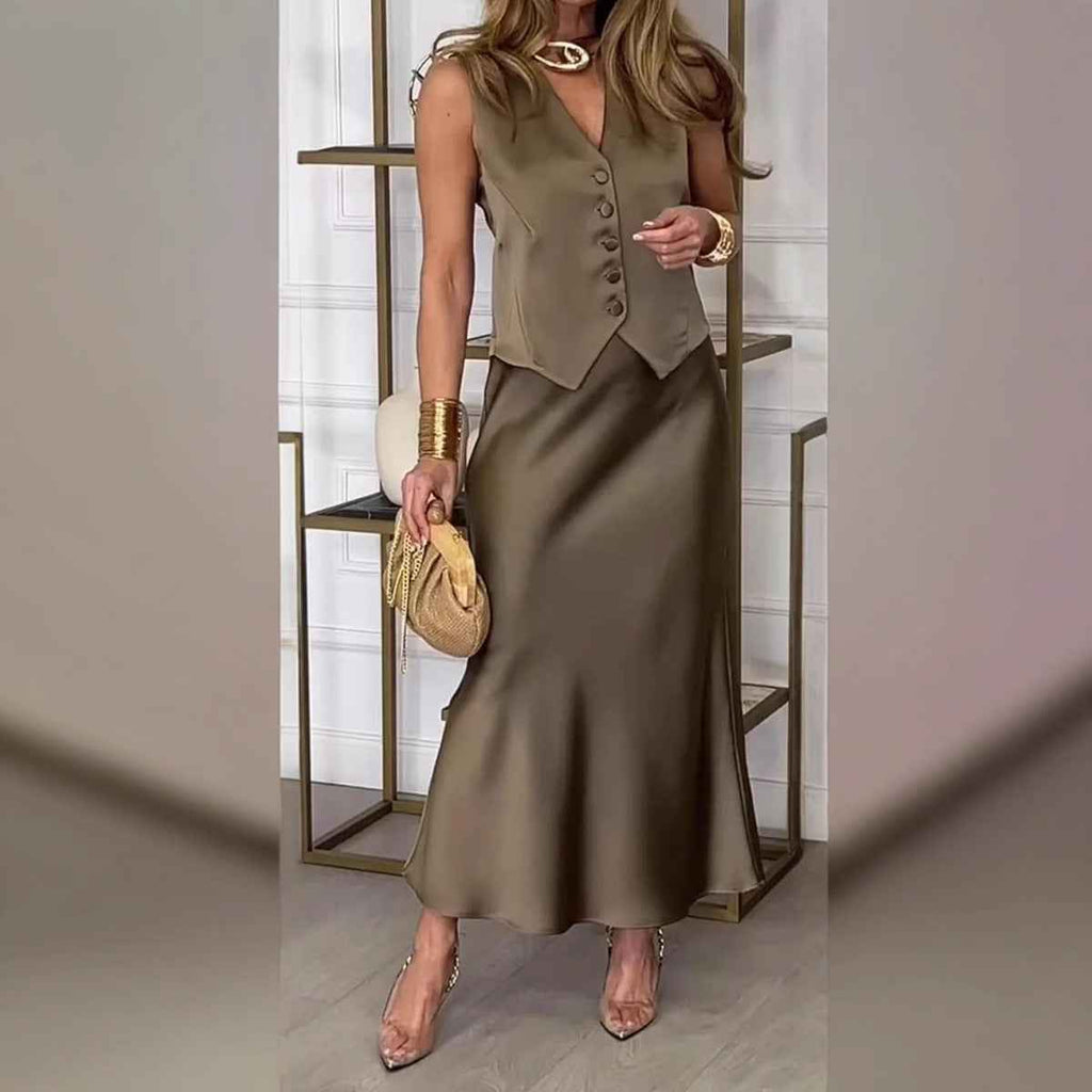 Women's Elegant Satin Look Sleeveless Gilet and Midi Skirt Set - Slim Fit for Festive Occasions