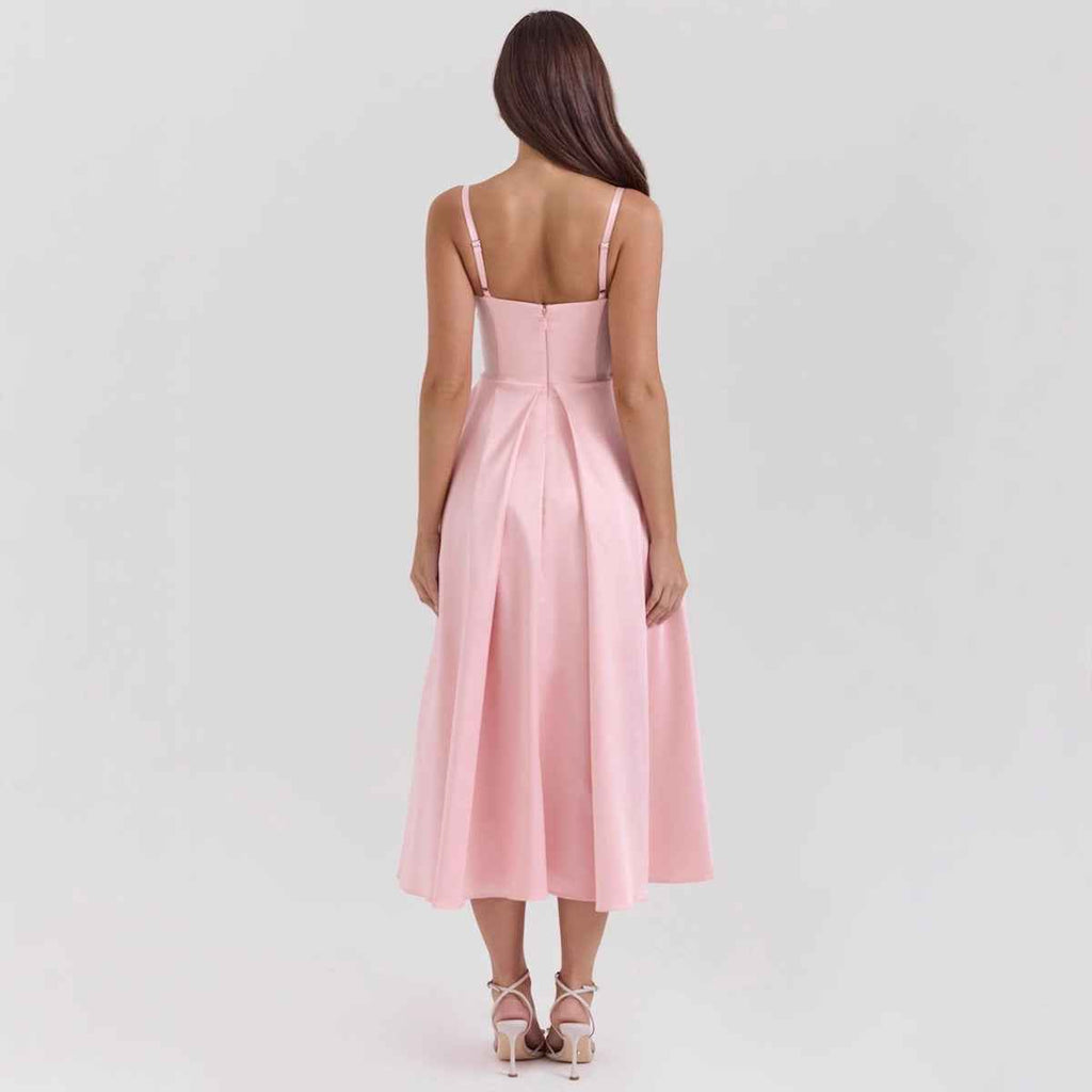 Women's Satin V-Neck A-Line Midi Dress with Spaghetti Straps