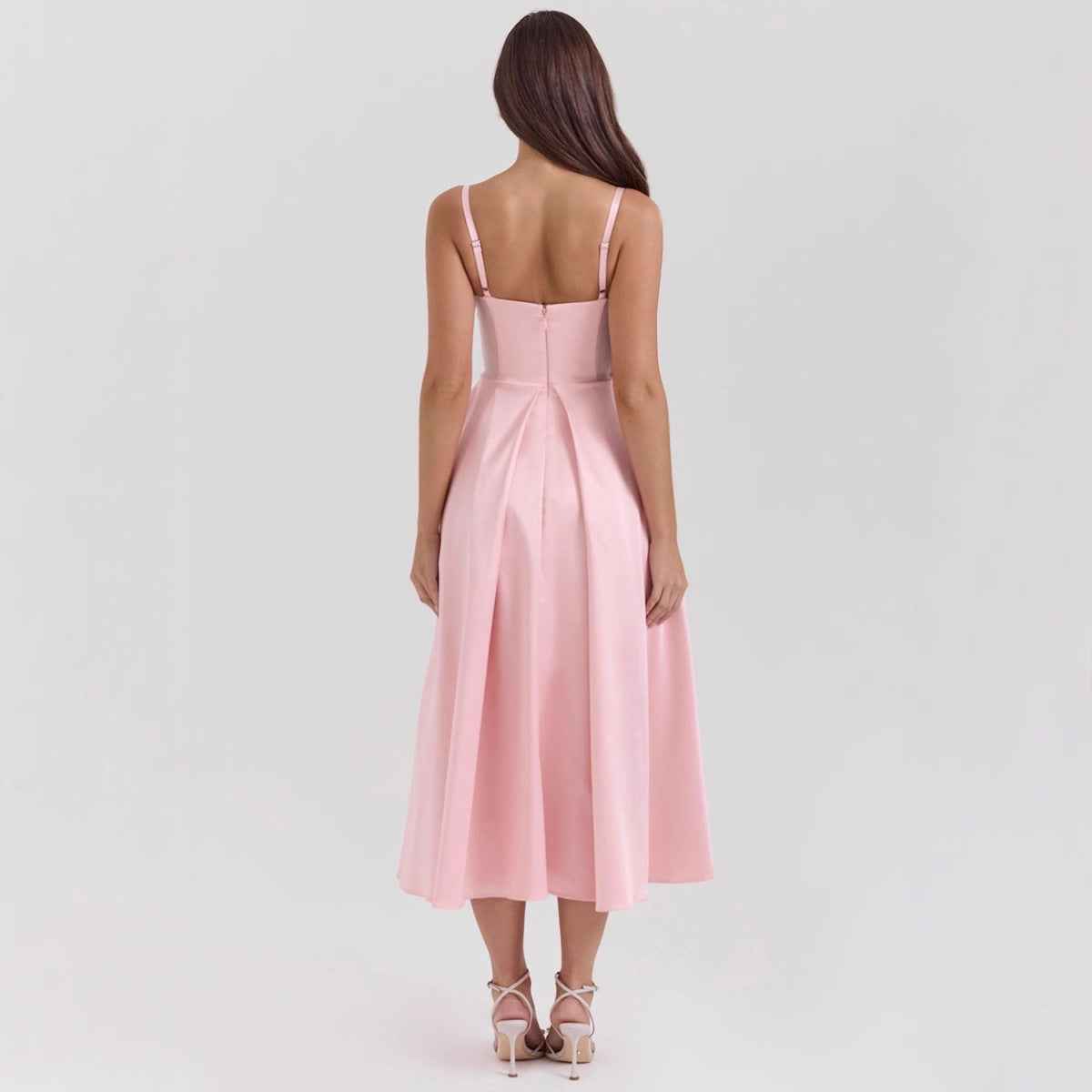 Women's Satin V-Neck A-Line Midi Dress with Spaghetti Straps