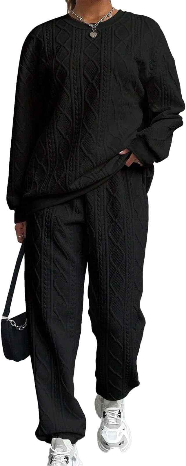 Women's Relaxed Fit Lounge Set – Knitted Cable Design with Long Sleeves & Ribbed Pants Black